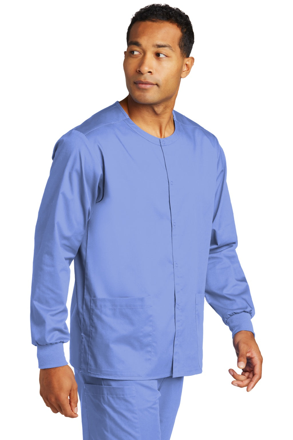 Wonderwink WW3080 Unisex WorkFlex Snap Front Scrub Jacket w/ Pockets Ceil Blue Model 3Q