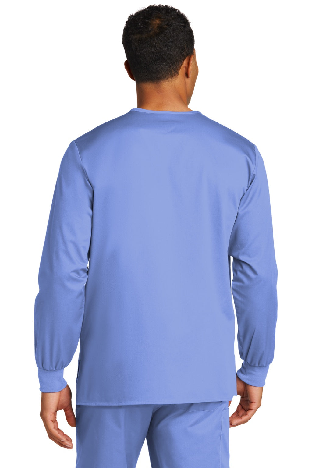 Wonderwink WW3080 Unisex WorkFlex Snap Front Scrub Jacket w/ Pockets Ceil Blue Model Back