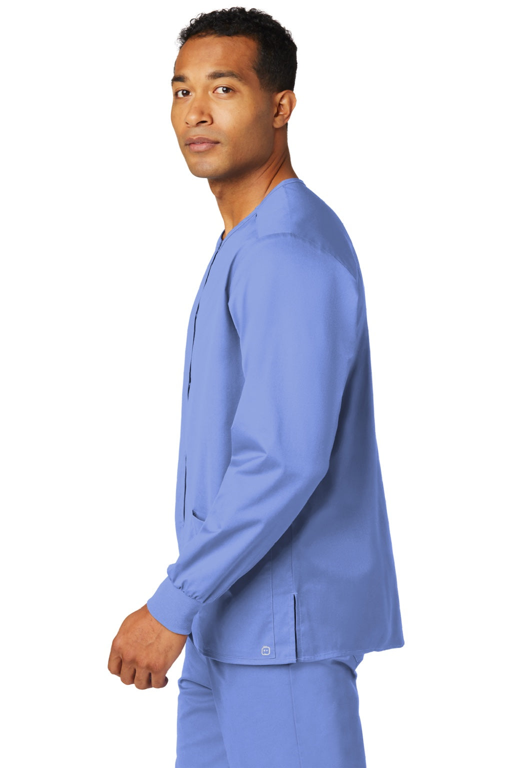 Wonderwink WW3080 Unisex WorkFlex Snap Front Scrub Jacket w/ Pockets Ceil Blue Model Side
