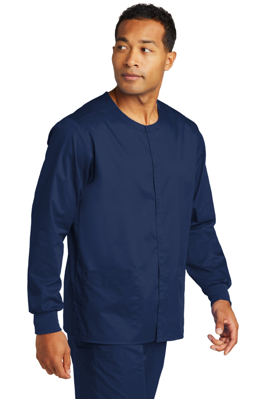 Wonderwink WW3080 Unisex WorkFlex Snap Front Scrub Jacket w/ Pockets Navy Blue Model 3Q