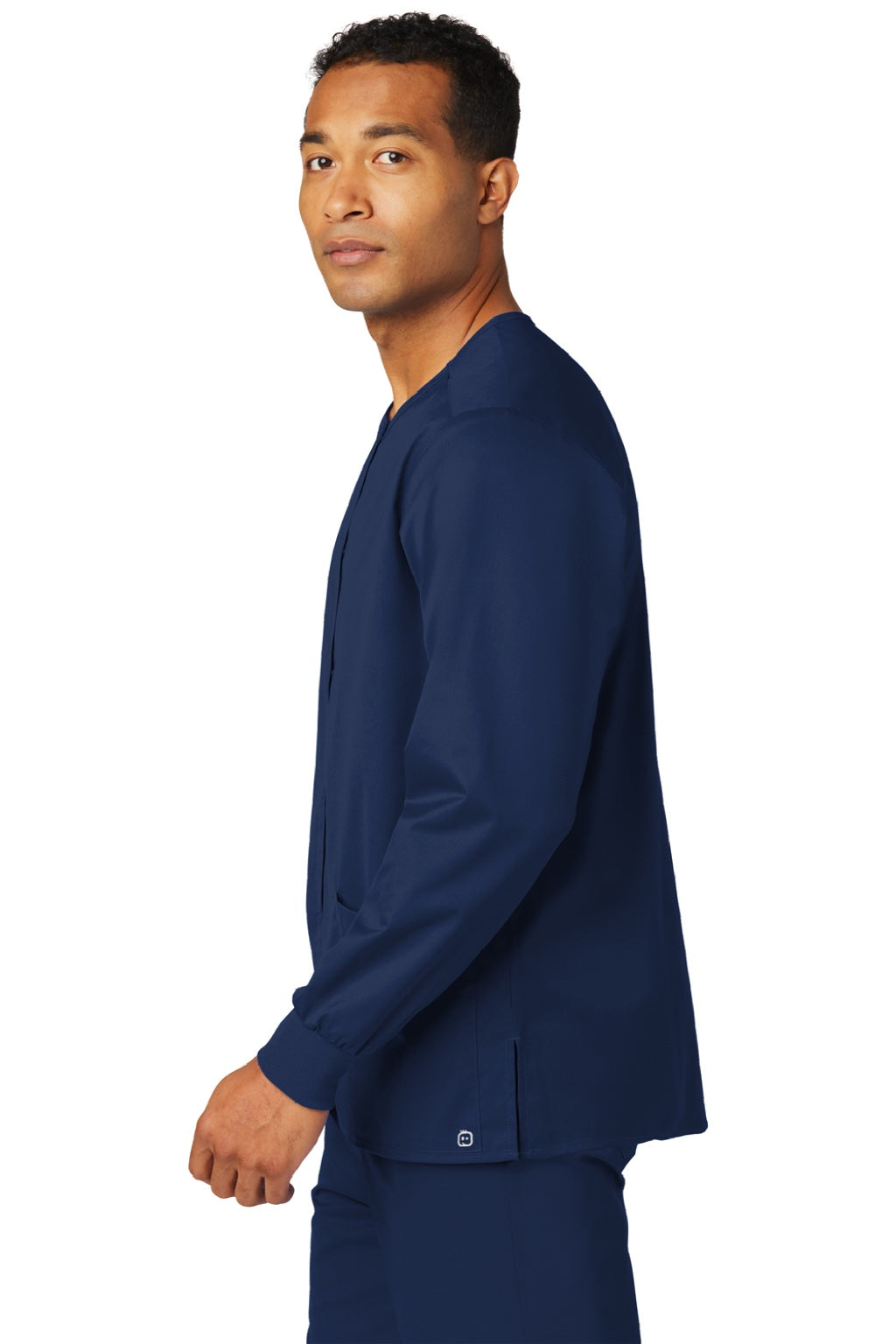 Wonderwink WW3080 Unisex WorkFlex Snap Front Scrub Jacket w/ Pockets Navy Blue Model Side