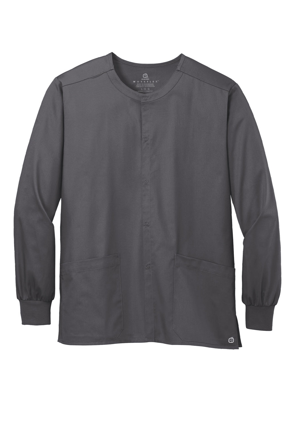 Wonderwink WW3080 Unisex WorkFlex Snap Front Scrub Jacket w/ Pockets Pewter Grey Flat Front