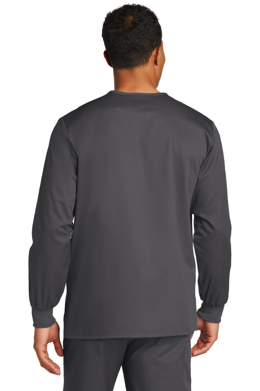 Wonderwink WW3080 Unisex WorkFlex Snap Front Scrub Jacket w/ Pockets Pewter Grey Model Back