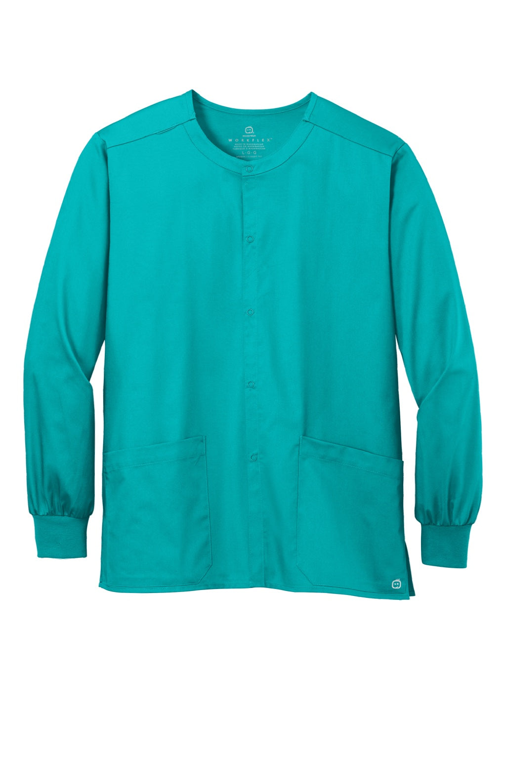 Wonderwink WW3080 Unisex WorkFlex Snap Front Scrub Jacket w/ Pockets Teal Blue Flat Front