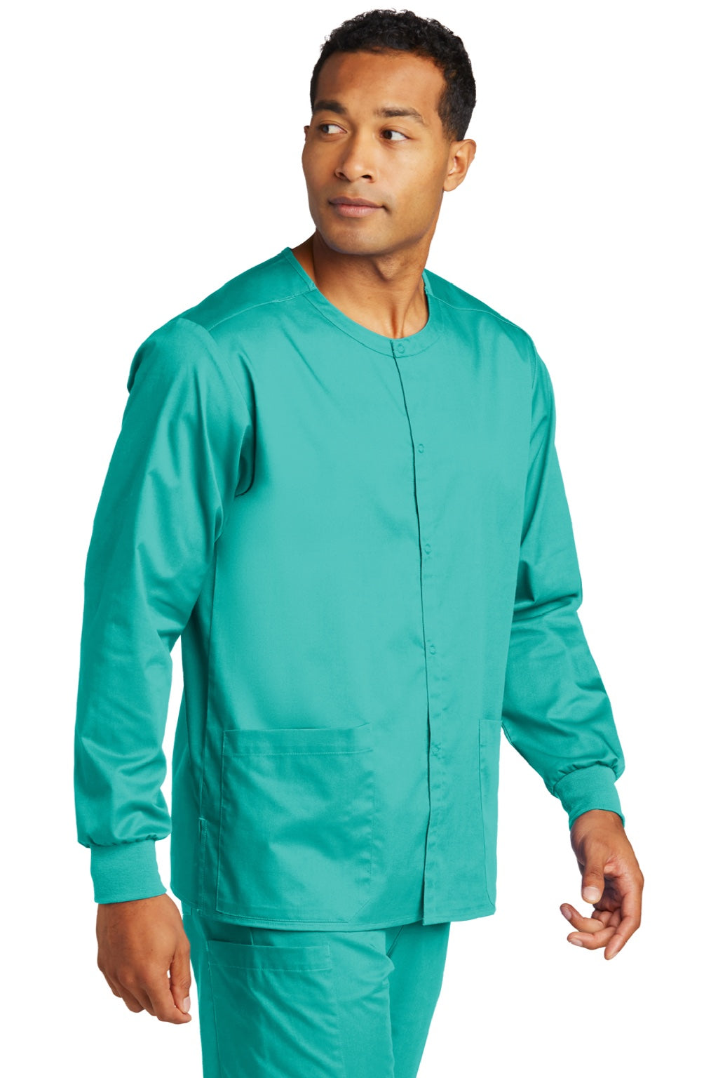 Wonderwink WW3080 Unisex WorkFlex Snap Front Scrub Jacket w/ Pockets Teal Blue Model 3Q