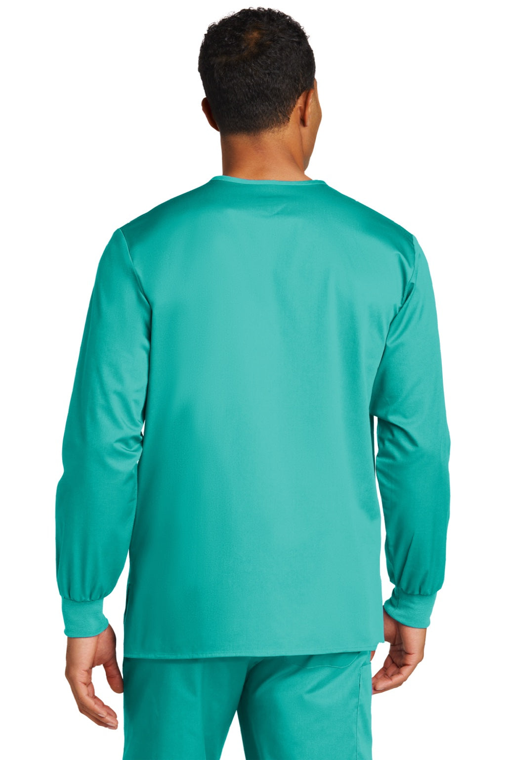 Wonderwink WW3080 Unisex WorkFlex Snap Front Scrub Jacket w/ Pockets Teal Blue Model Back