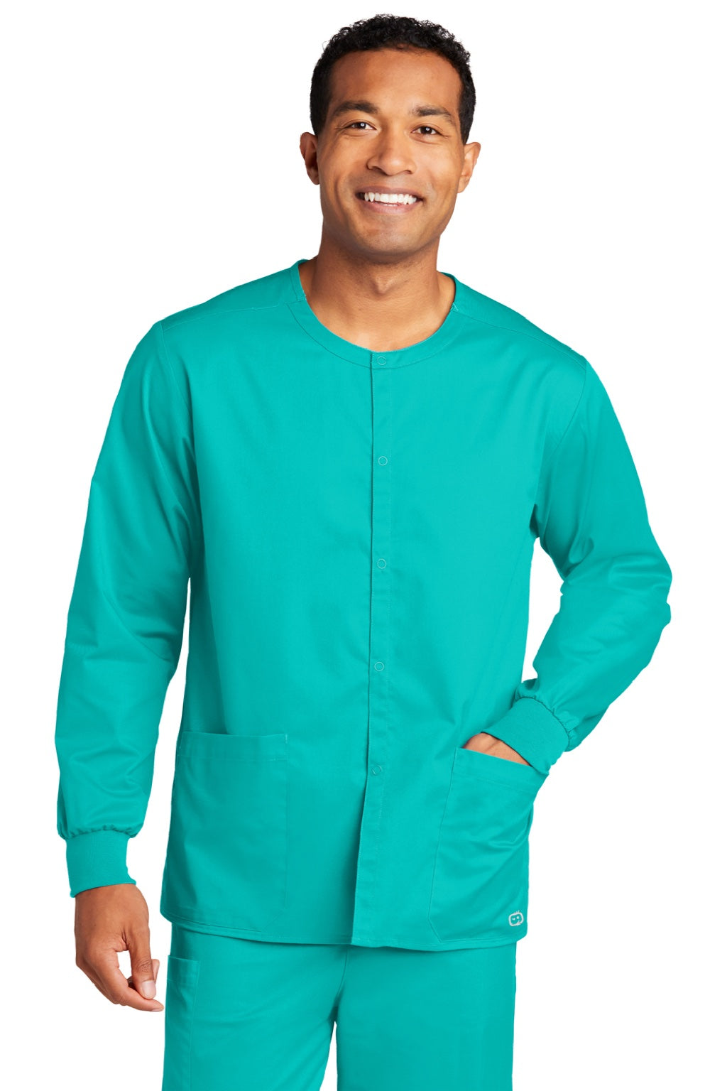 Wonderwink WW3080 Unisex WorkFlex Snap Front Scrub Jacket w/ Pockets Teal Blue Model Front
