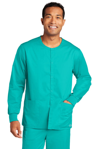 Wonderwink WW3080 Unisex WorkFlex Snap Front Scrub Jacket w/ Pockets Teal Blue Model Front