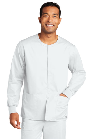 Wonderwink WW3080 Unisex WorkFlex Snap Front Scrub Jacket w/ Pockets White Model Front