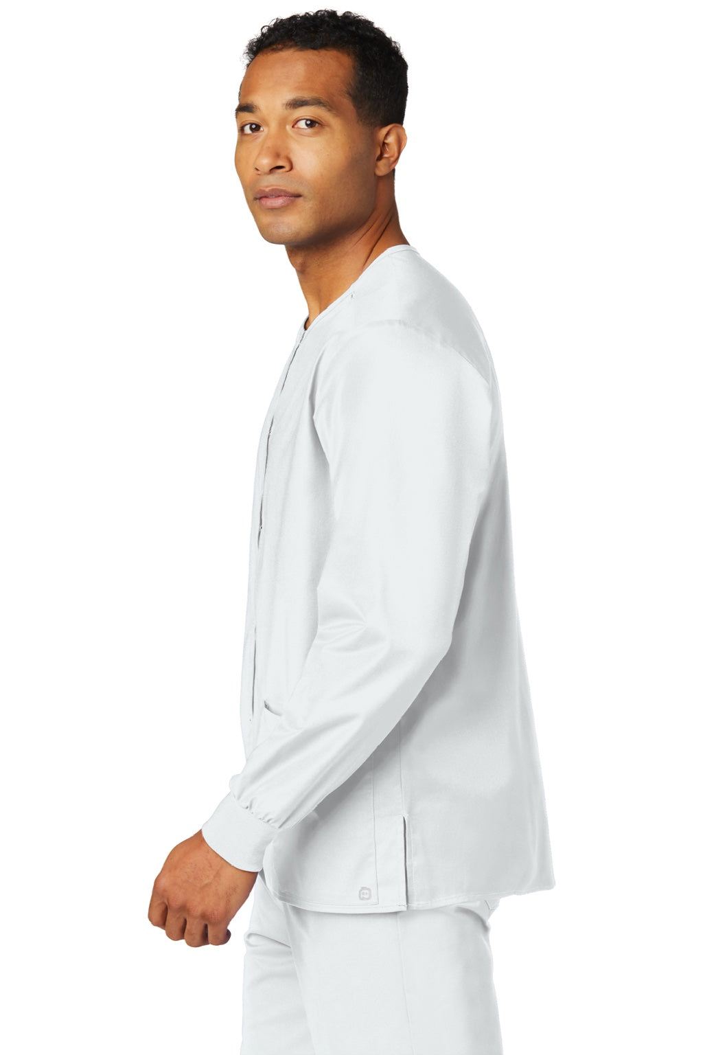 Wonderwink WW3080 Unisex WorkFlex Snap Front Scrub Jacket w/ Pockets White Model Side