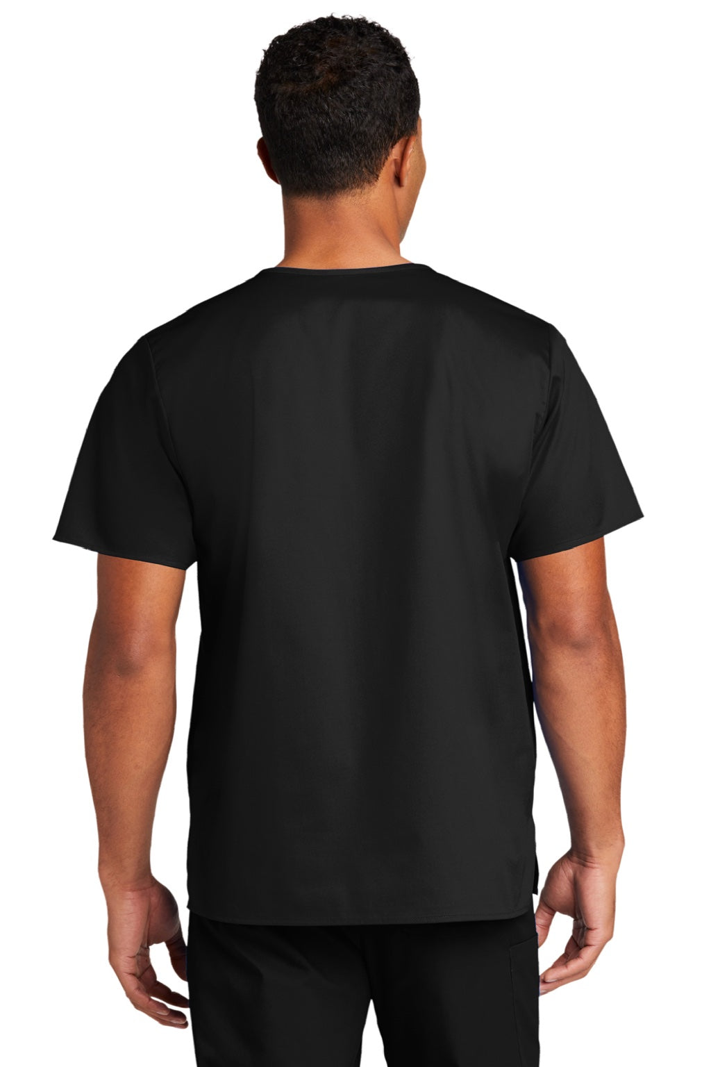 Wonderwink WW3160 Unisex WorkFlex Short Sleeve V-Neck Shirt w/ Pocket Black Model Back