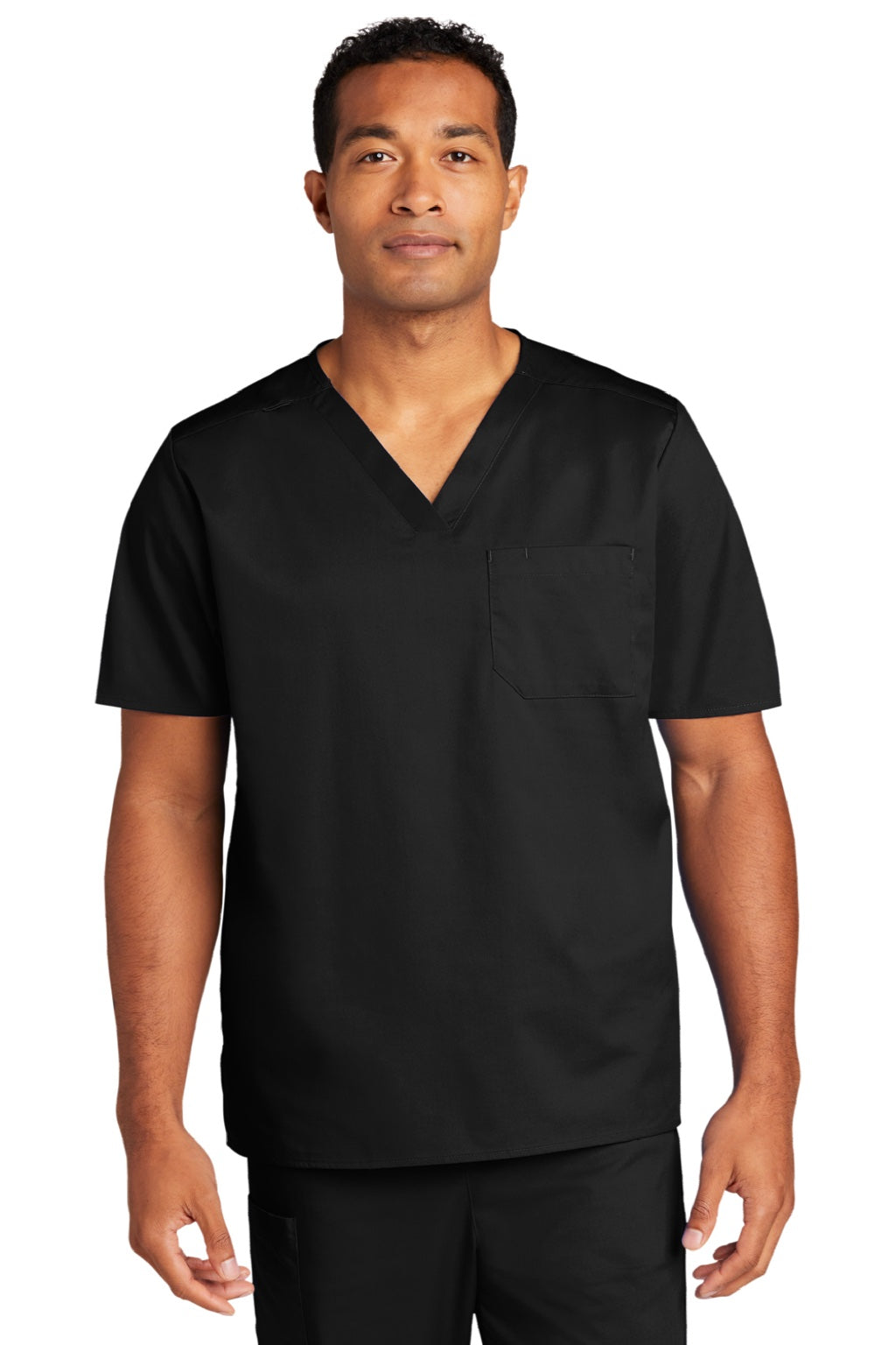 Wonderwink WW3160 Unisex WorkFlex Short Sleeve V-Neck Shirt w/ Pocket Black Model Front