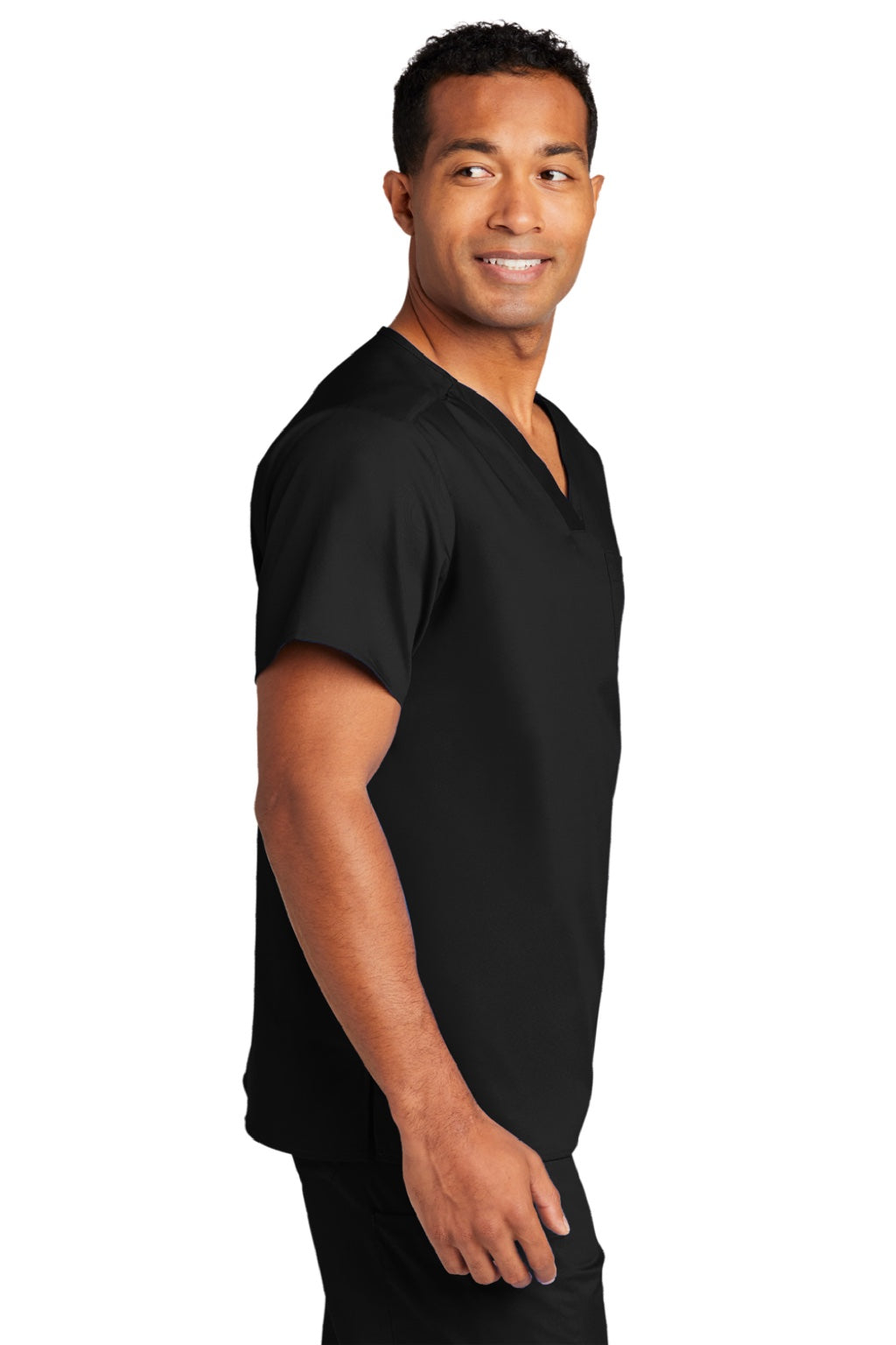 Wonderwink WW3160 Unisex WorkFlex Short Sleeve V-Neck Shirt w/ Pocket Black Model Side
