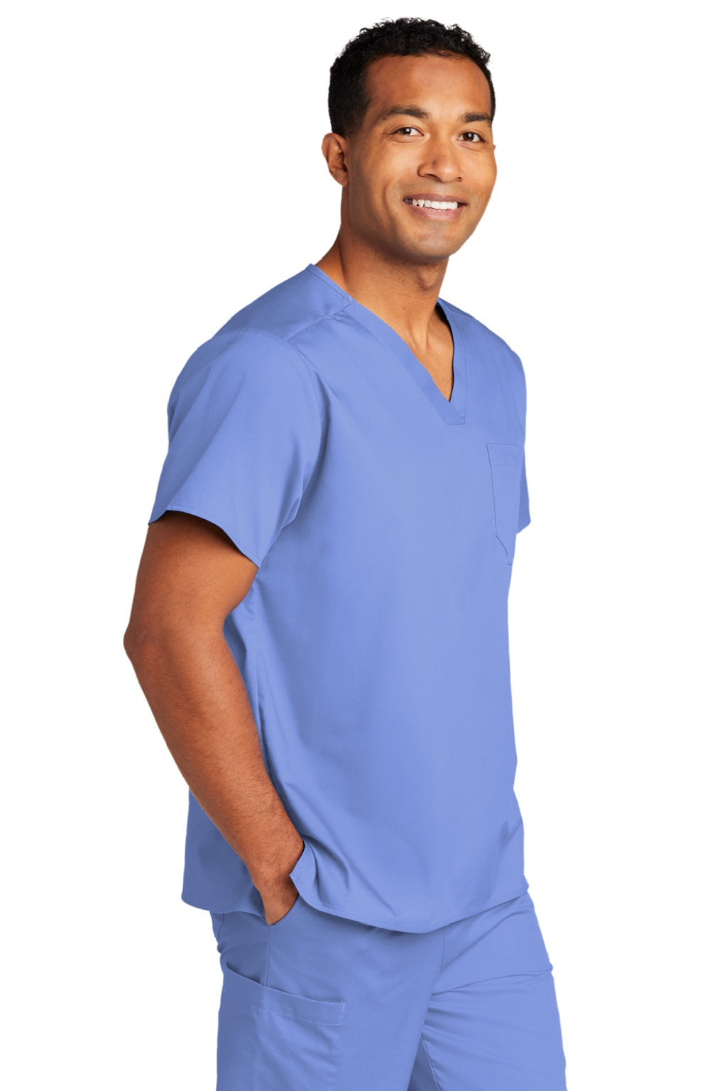 Wonderwink WW3160 Unisex WorkFlex Short Sleeve V-Neck Shirt w/ Pocket Ceil Blue Model 3Q