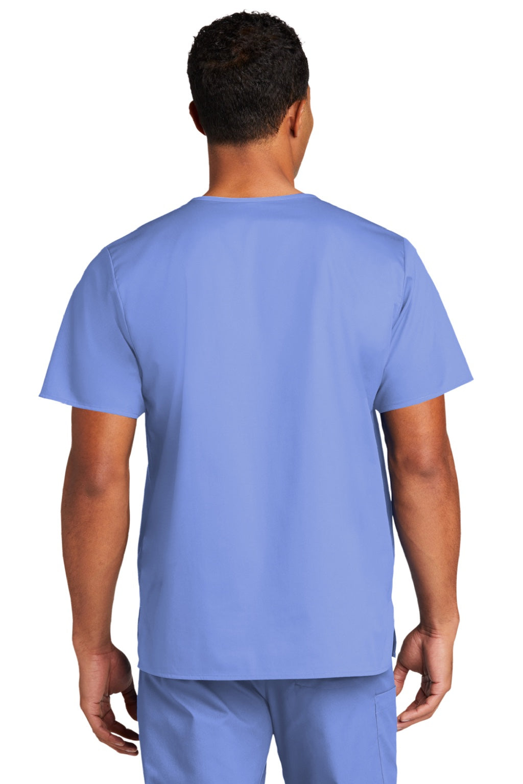 Wonderwink WW3160 Unisex WorkFlex Short Sleeve V-Neck Shirt w/ Pocket Ceil Blue Model Back