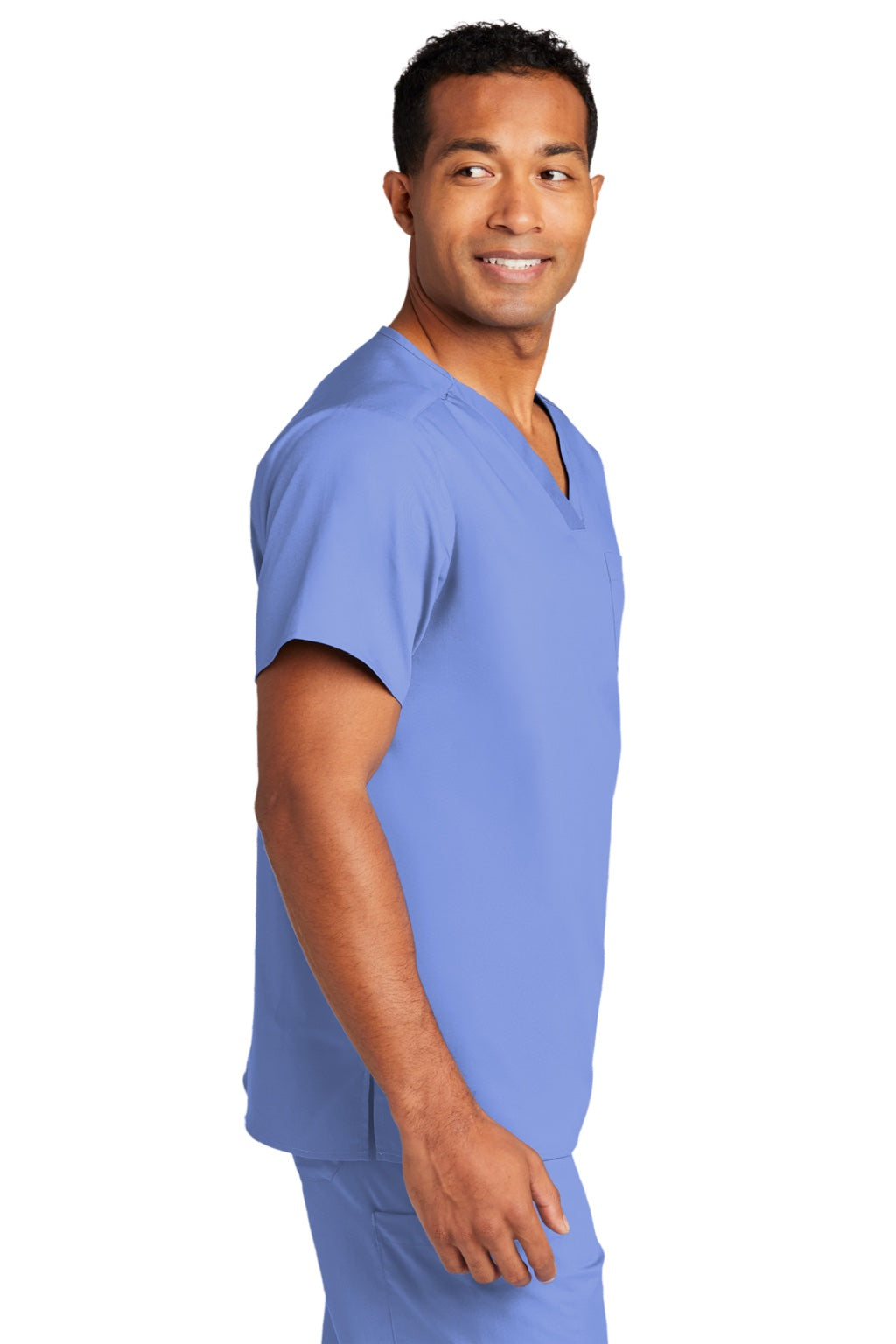 Wonderwink WW3160 Unisex WorkFlex Short Sleeve V-Neck Shirt w/ Pocket Ceil Blue Model Side