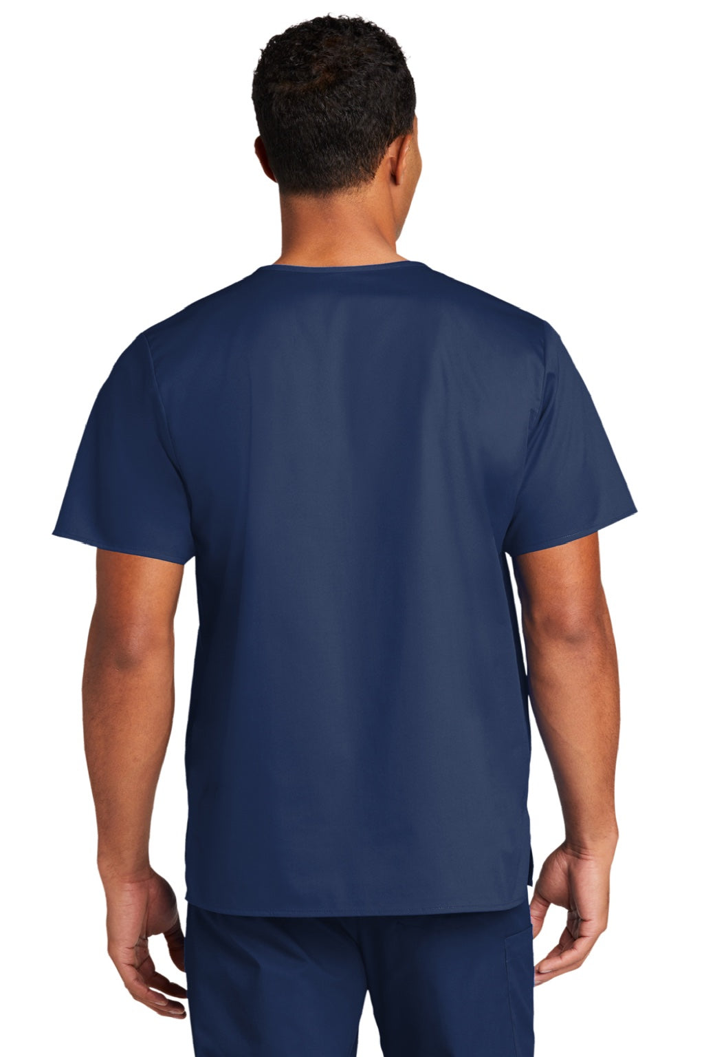 Wonderwink WW3160 Unisex WorkFlex Short Sleeve V-Neck Shirt w/ Pocket Navy Blue Model Back