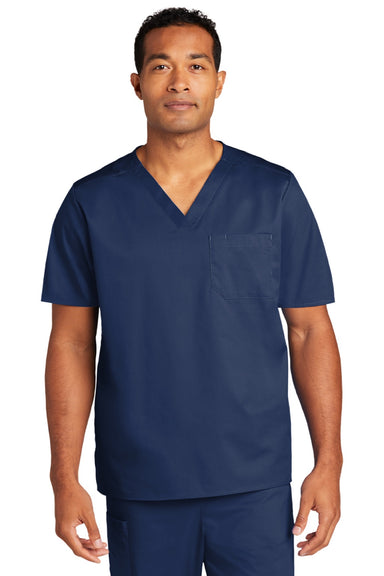 Wonderwink WW3160 Unisex WorkFlex Short Sleeve V-Neck Shirt w/ Pocket Navy Blue Model Front