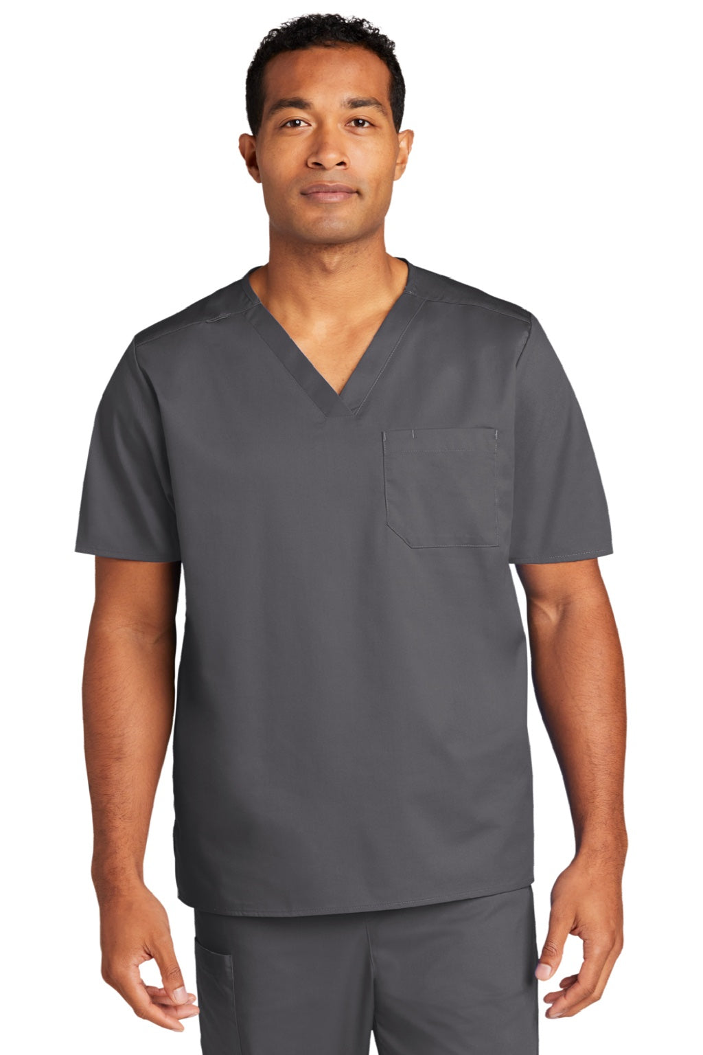 Wonderwink WW3160 Unisex WorkFlex Short Sleeve V-Neck Shirt w/ Pocket Pewter Grey Model Front