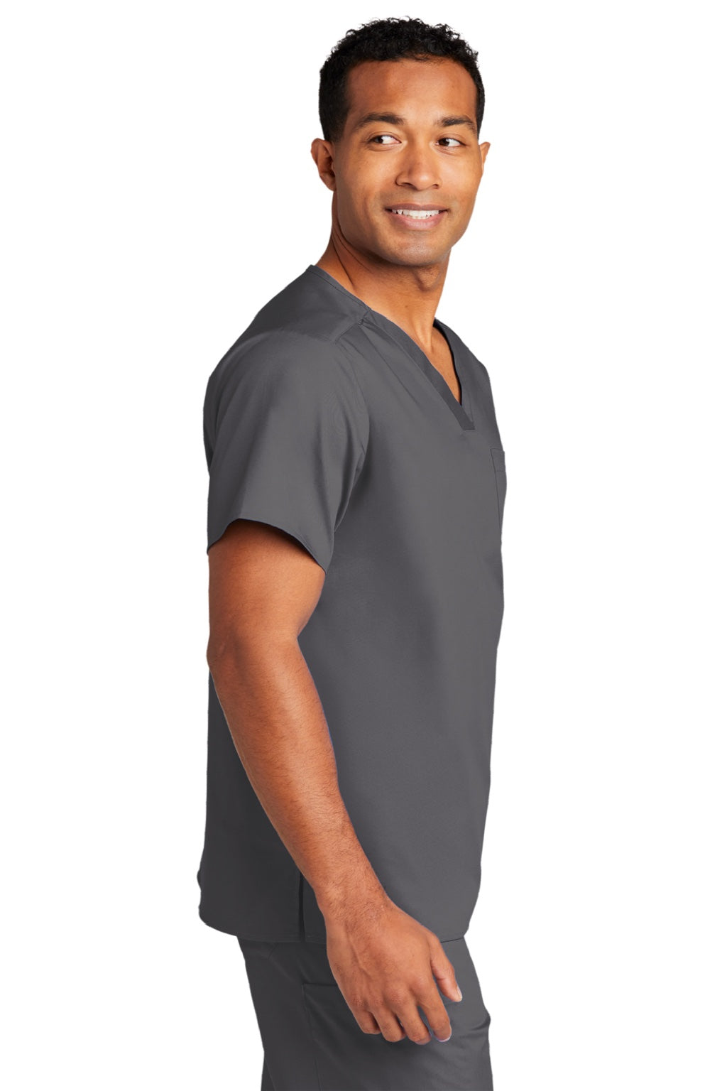 Wonderwink WW3160 Unisex WorkFlex Short Sleeve V-Neck Shirt w/ Pocket Pewter Grey Model Side