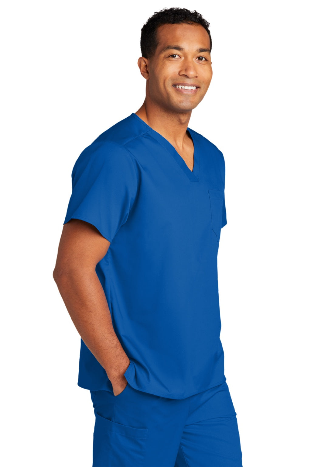 Wonderwink WW3160 Unisex WorkFlex Short Sleeve V-Neck Shirt w/ Pocket Royal Blue Model 3Q