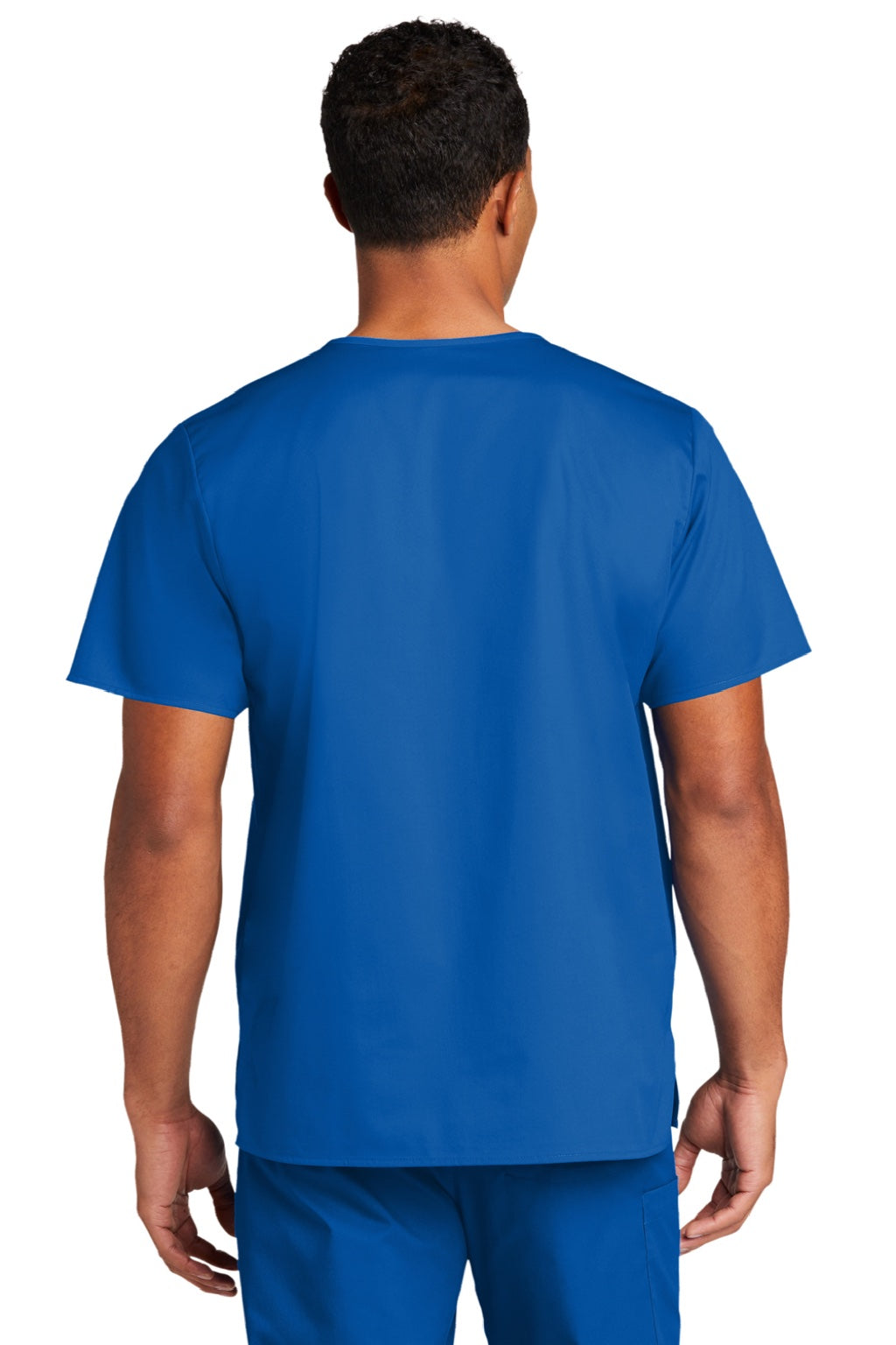Wonderwink WW3160 Unisex WorkFlex Short Sleeve V-Neck Shirt w/ Pocket Royal Blue Model Back