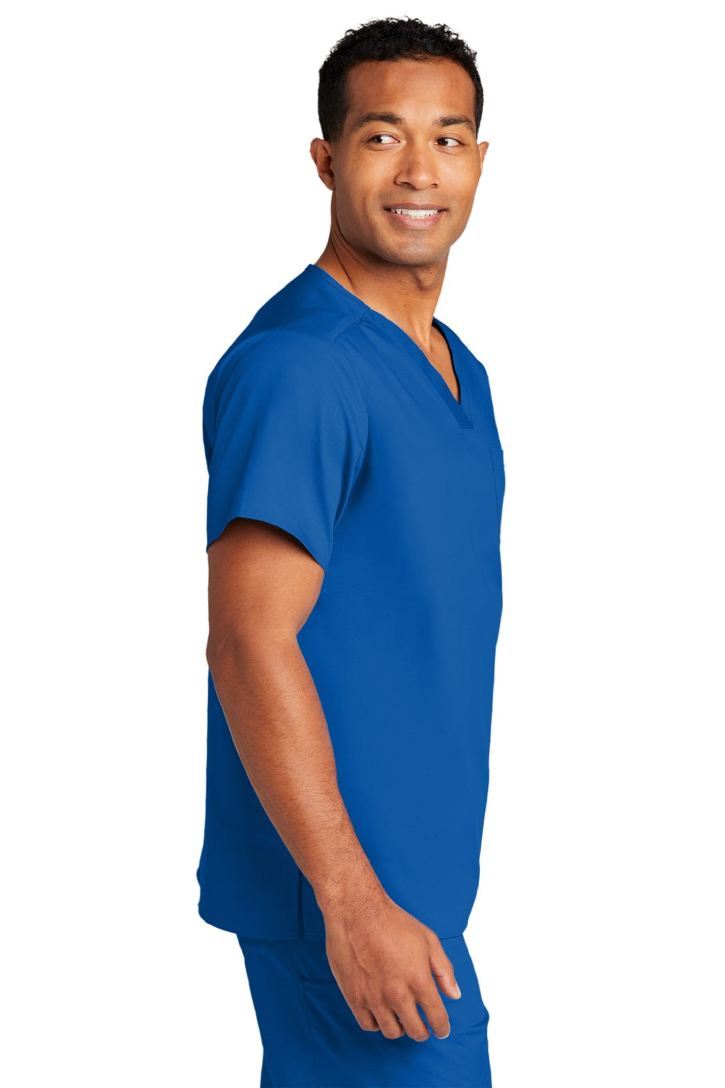 Wonderwink WW3160 Unisex WorkFlex Short Sleeve V-Neck Shirt w/ Pocket Royal Blue Model Side