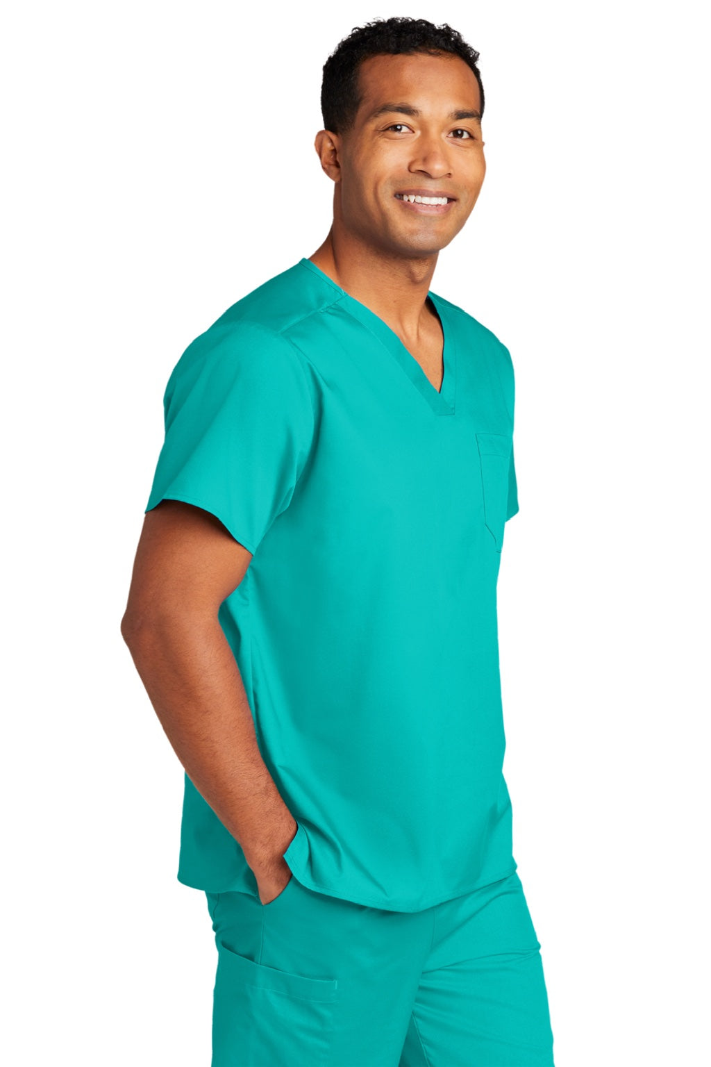 Wonderwink WW3160 Unisex WorkFlex Short Sleeve V-Neck Shirt w/ Pocket Teal Blue Model 3Q