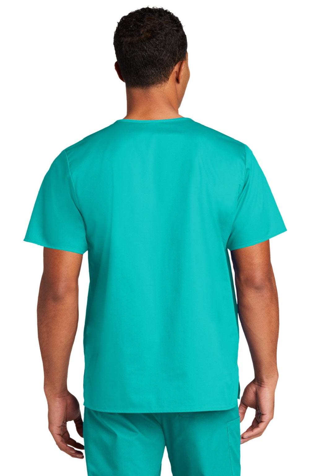 Wonderwink WW3160 Unisex WorkFlex Short Sleeve V-Neck Shirt w/ Pocket Teal Blue Model Back