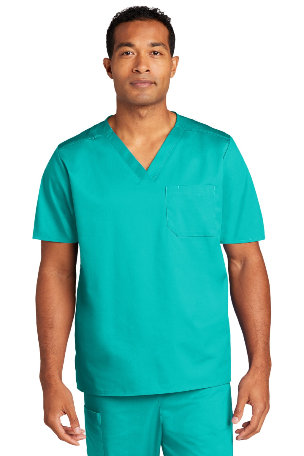 Wonderwink WW3160 Unisex WorkFlex Short Sleeve V-Neck Shirt w/ Pocket Teal Blue Model Front