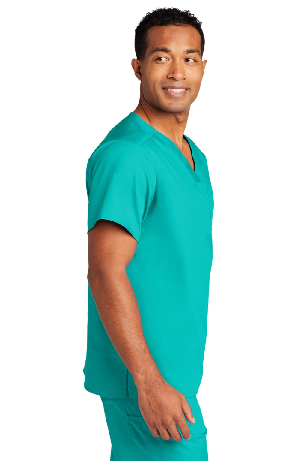 Wonderwink WW3160 Unisex WorkFlex Short Sleeve V-Neck Shirt w/ Pocket Teal Blue Model Side