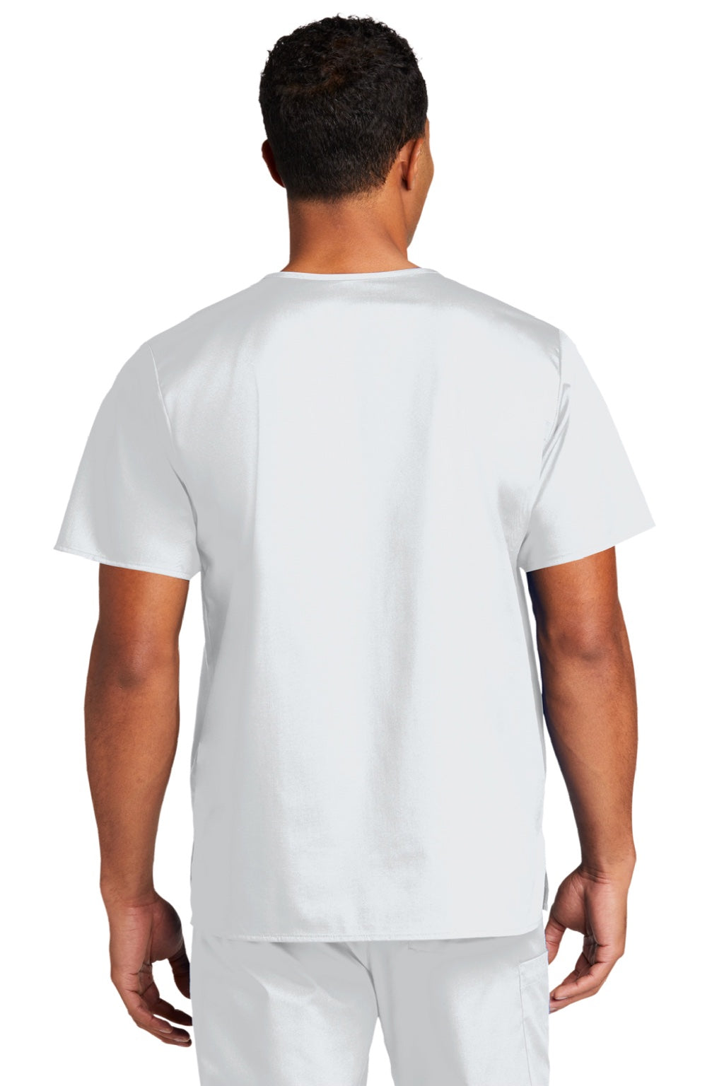 Wonderwink WW3160 Unisex WorkFlex Short Sleeve V-Neck Shirt w/ Pocket White Model Back