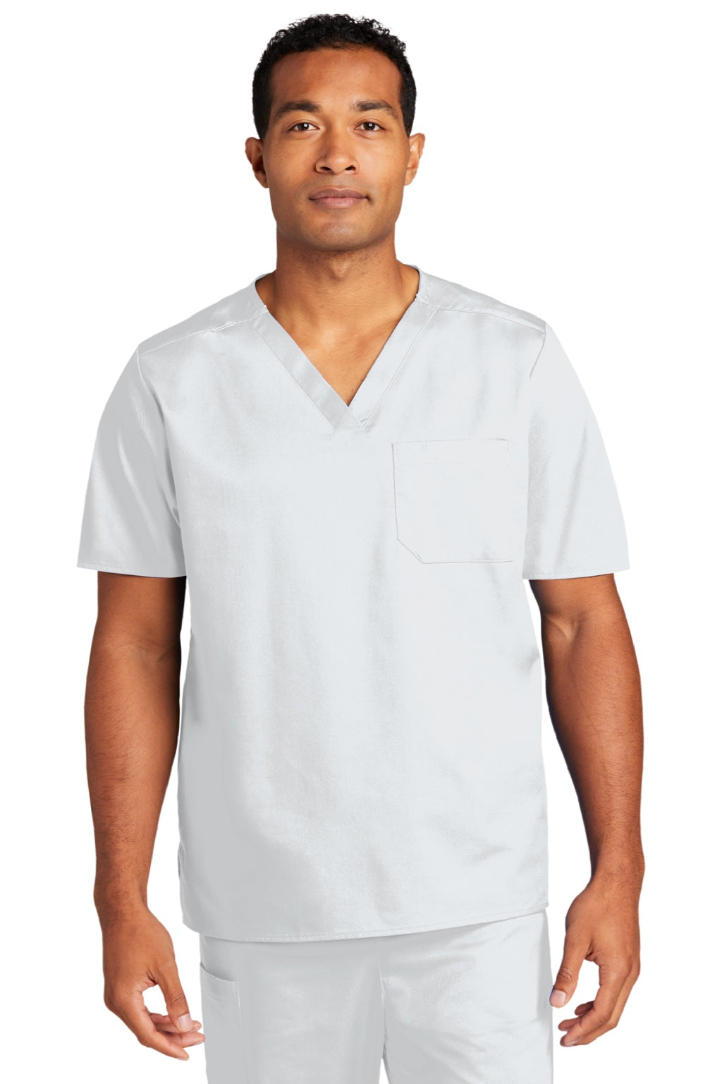 Wonderwink WW3160 Unisex WorkFlex Short Sleeve V-Neck Shirt w/ Pocket White Model Front