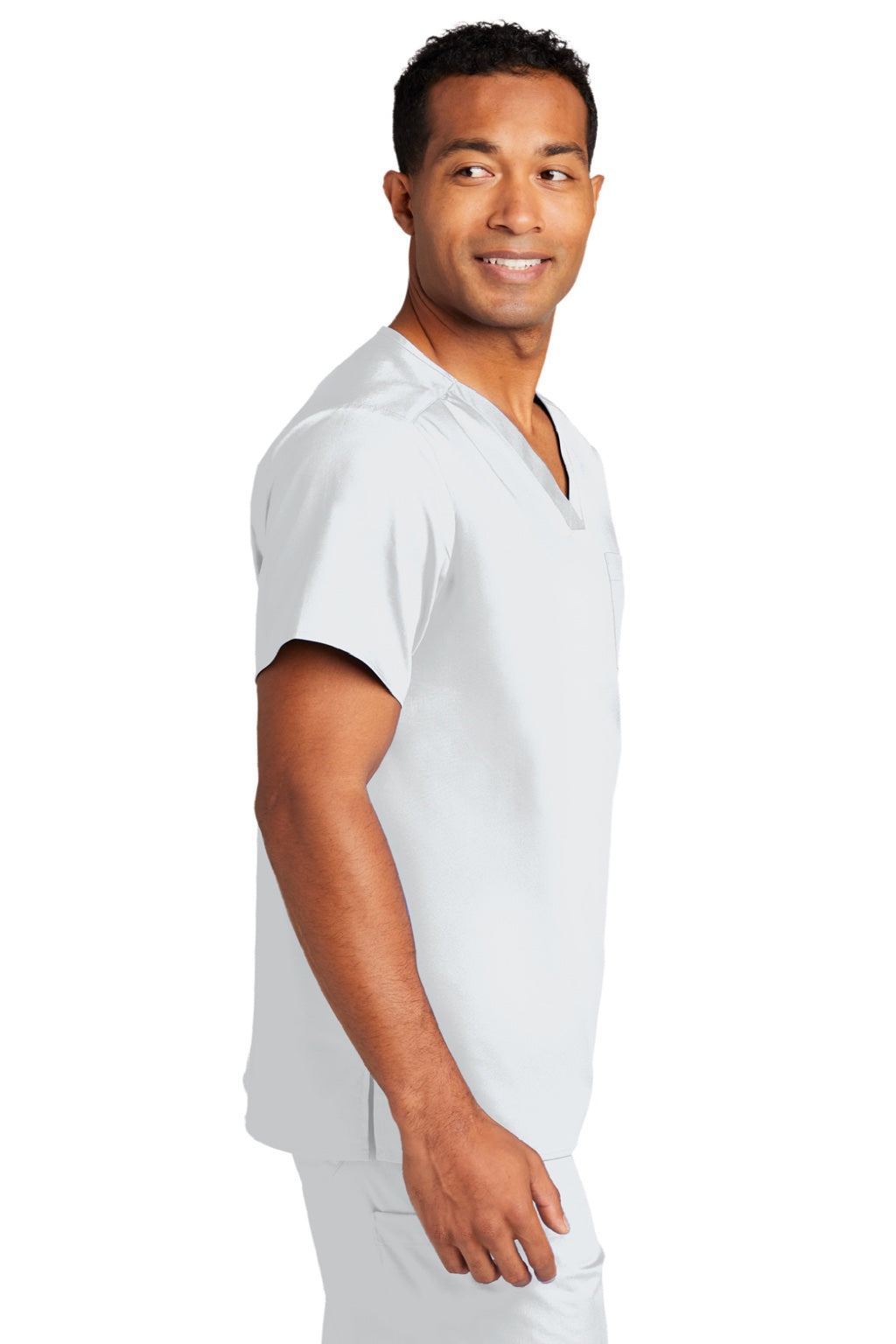 Wonderwink WW3160 Unisex WorkFlex Short Sleeve V-Neck Shirt w/ Pocket White Model Side