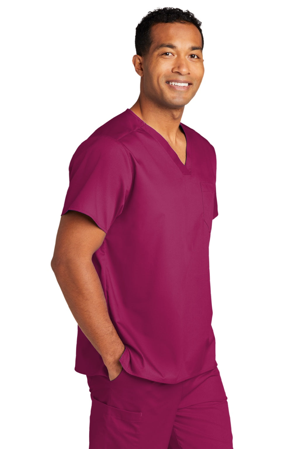 Wonderwink WW3160 Unisex WorkFlex Short Sleeve V-Neck Shirt w/ Pocket Wine Model 3Q
