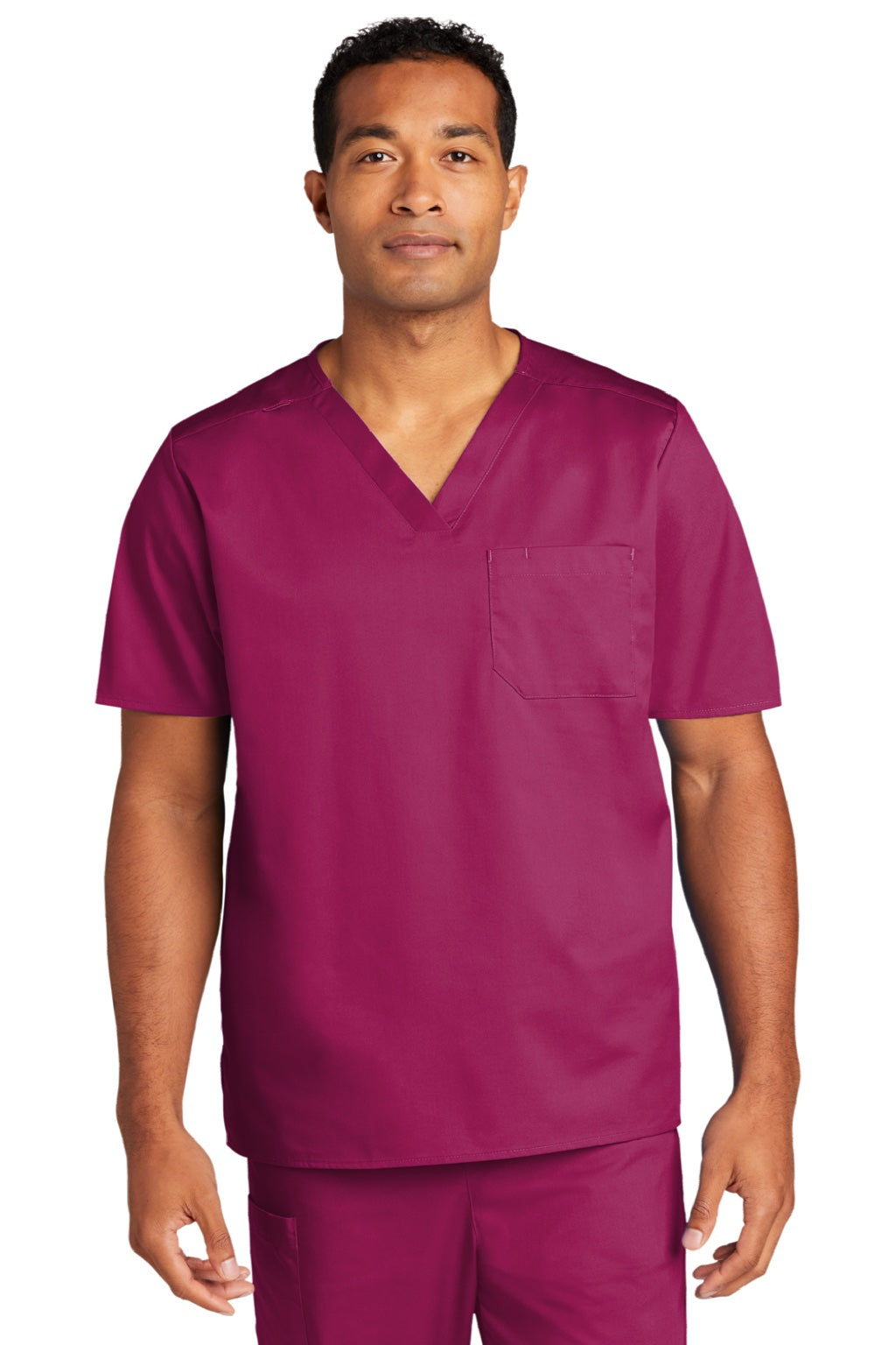 Wonderwink WW3160 Unisex WorkFlex Short Sleeve V-Neck Shirt w/ Pocket Wine Model Front