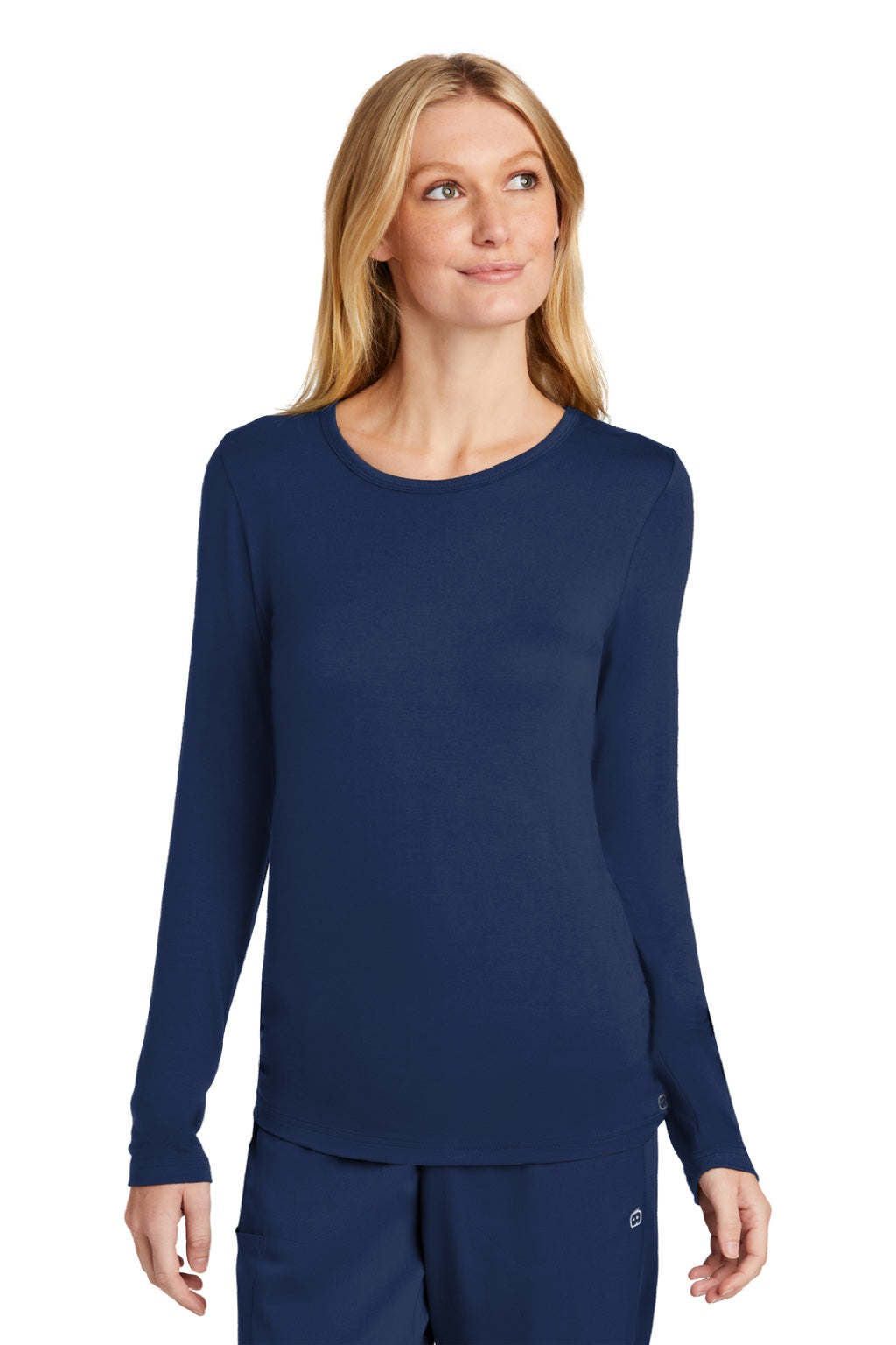 Wonderwink WW4029 Womens Long Sleeve Crewneck Layer T-Shirt Navy Blue Model Front