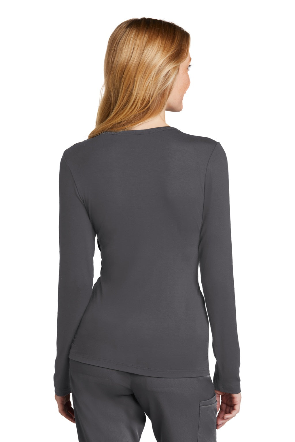 Wonderwink WW4029 Womens Long Sleeve Crewneck Layer T-Shirt Pewter Grey Model Back