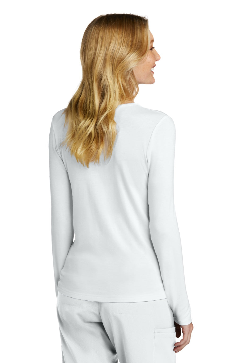 Wonderwink WW4029 Womens Long Sleeve Crewneck Layer T-Shirt White Model Back