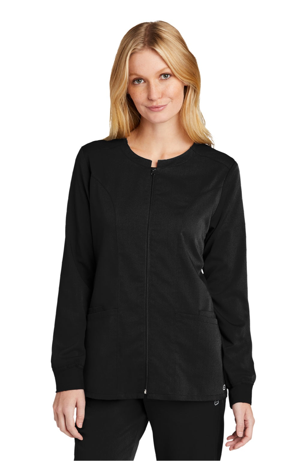 Wonderwink WW4088 Womens Premiere Flex Full Zip Scrub Jacket w/ Pockets Black Model Front