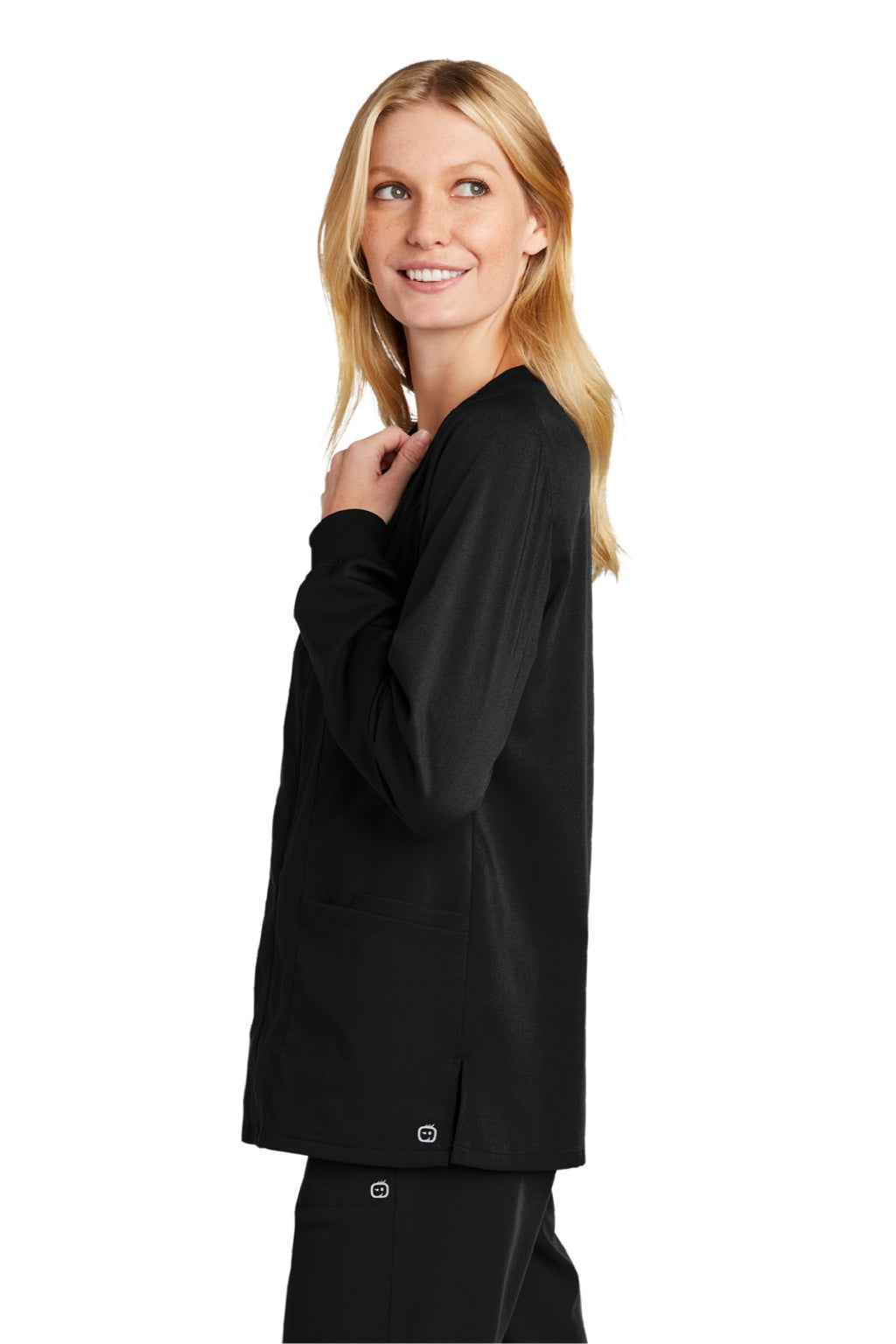 Wonderwink WW4088 Womens Premiere Flex Full Zip Scrub Jacket w/ Pockets Black Model Side