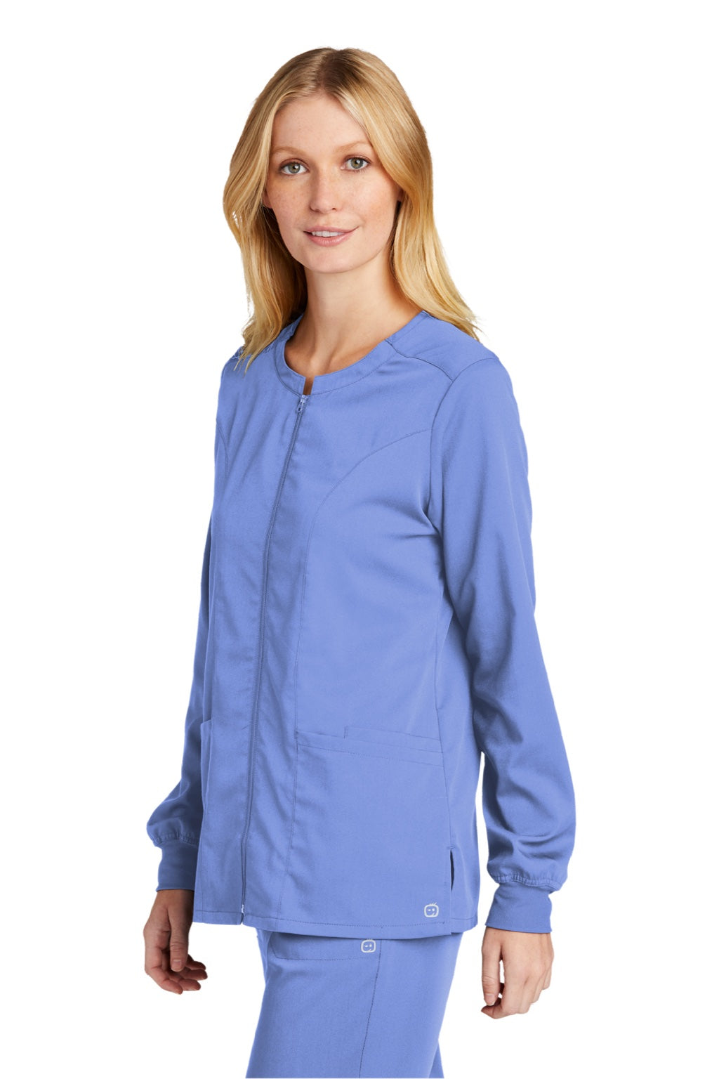 Wonderwink WW4088 Womens Premiere Flex Full Zip Scrub Jacket w/ Pockets Ceil Blue Model 3Q