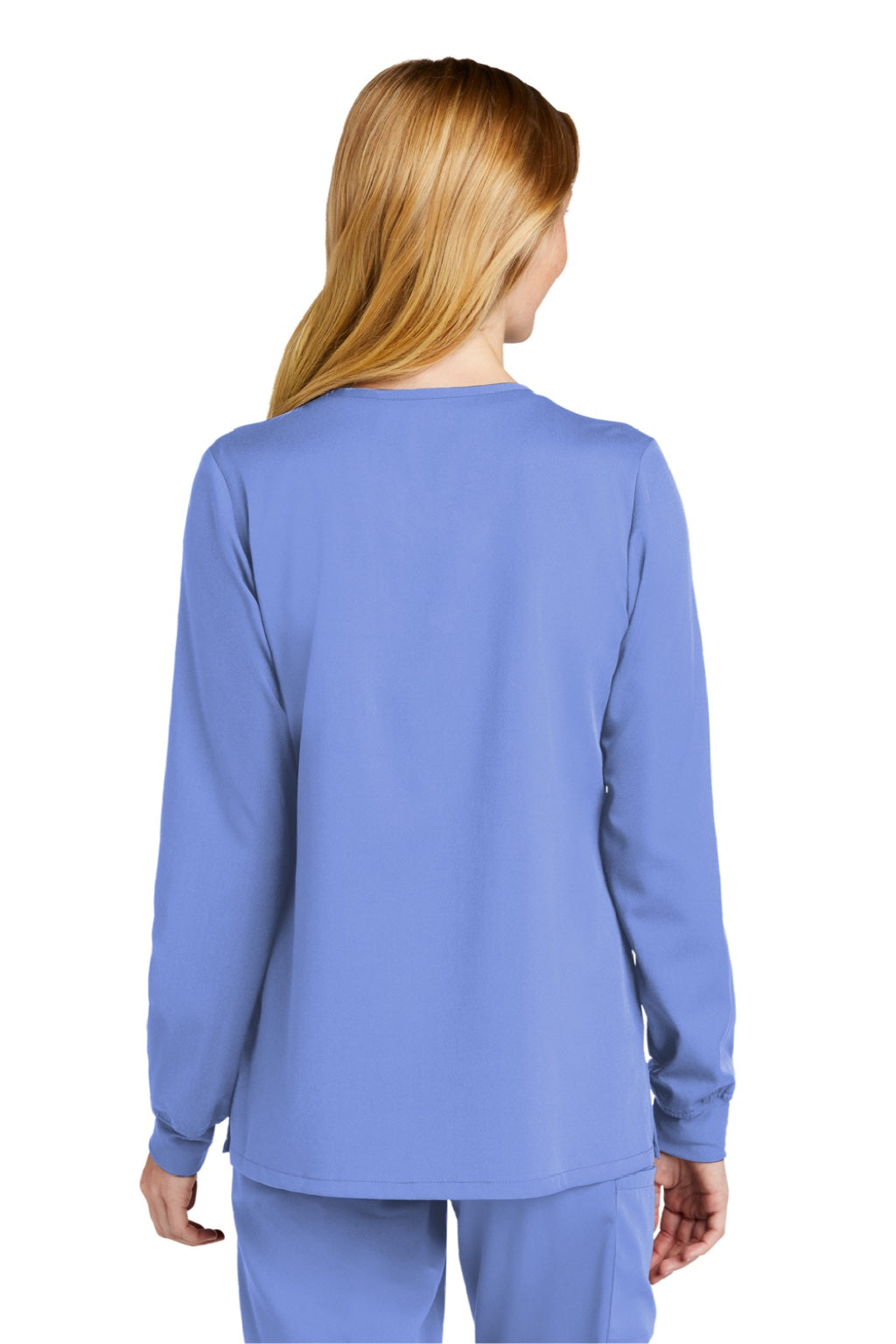 Wonderwink WW4088 Womens Premiere Flex Full Zip Scrub Jacket w/ Pockets Ceil Blue Model Back