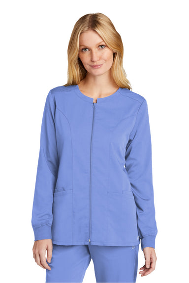 Wonderwink WW4088 Womens Premiere Flex Full Zip Scrub Jacket w/ Pockets Ceil Blue Model Front