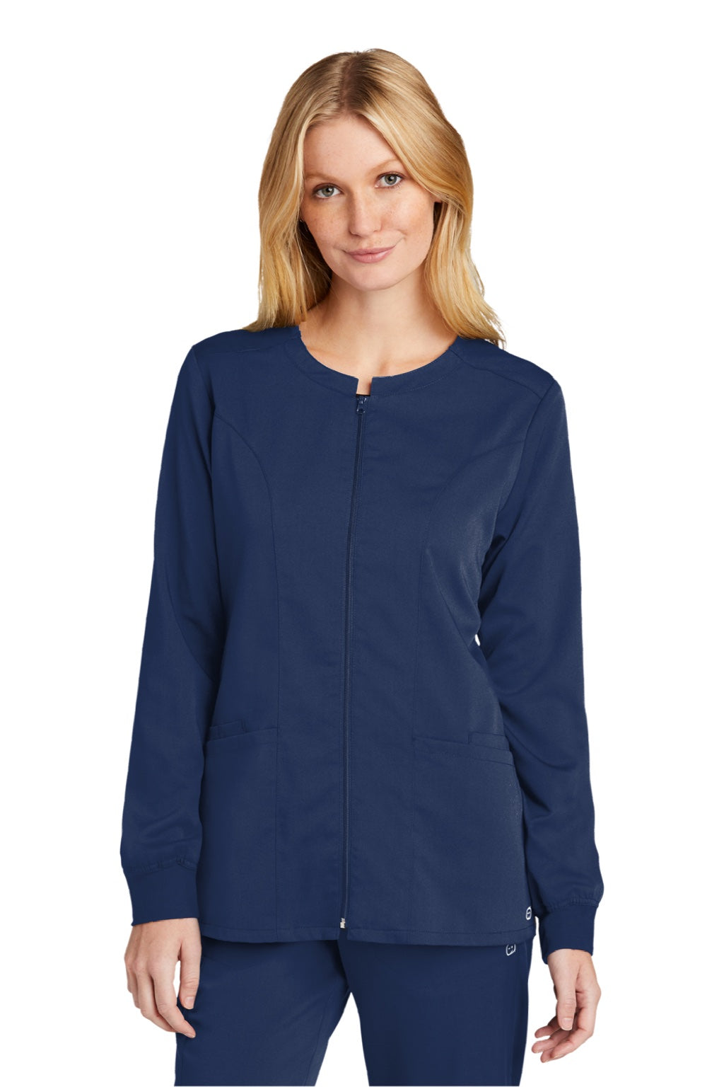 Wonderwink WW4088 Womens Premiere Flex Full Zip Scrub Jacket w/ Pockets Navy Blue Model Front