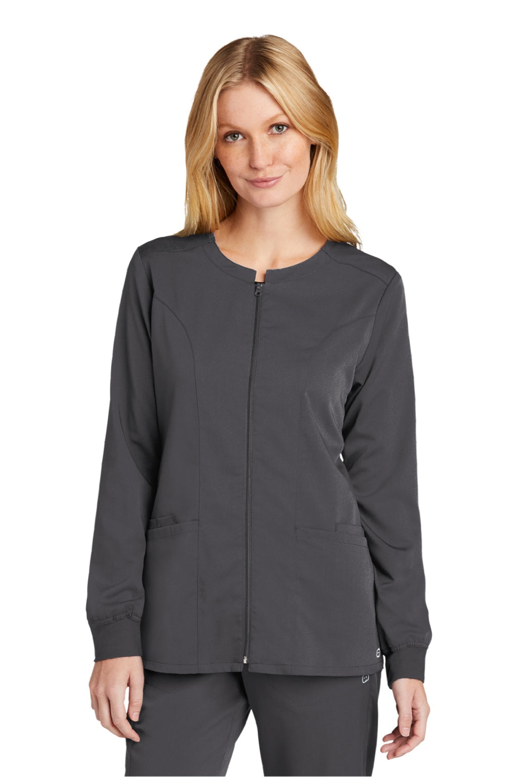 Wonderwink WW4088 Womens Premiere Flex Full Zip Scrub Jacket w/ Pockets Pewter Grey Model Front