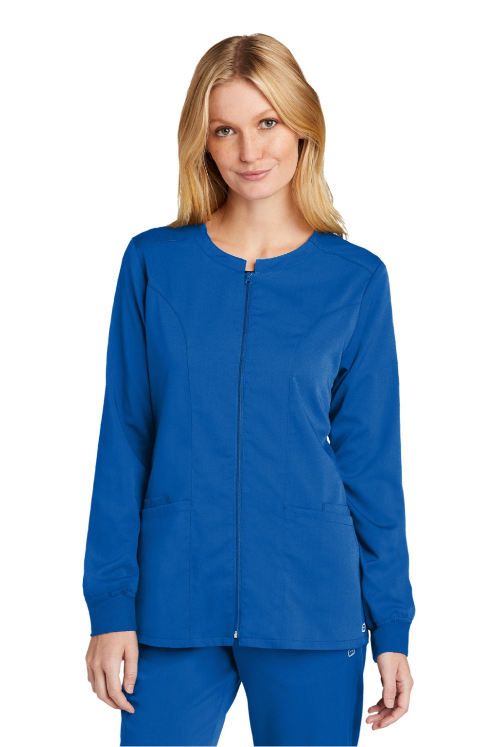 Wonderwink WW4088 Womens Premiere Flex Full Zip Scrub Jacket w/ Pockets Royal Blue Model Front
