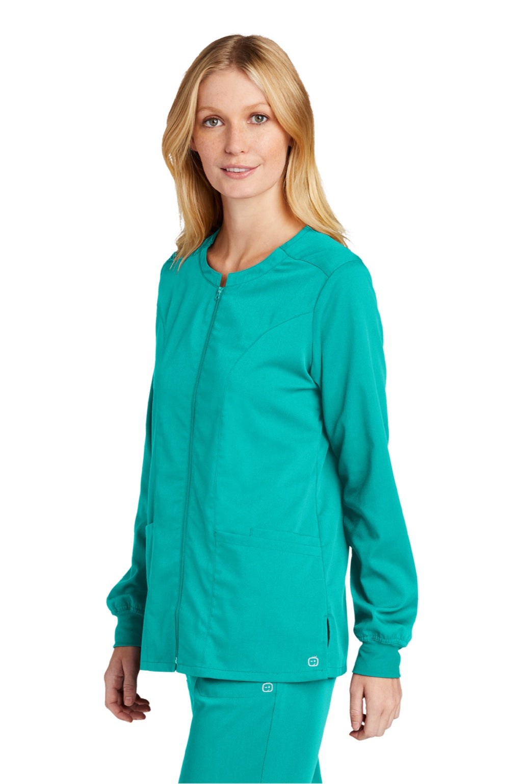 Wonderwink WW4088 Womens Premiere Flex Full Zip Scrub Jacket w/ Pockets Teal Blue Model 3Q