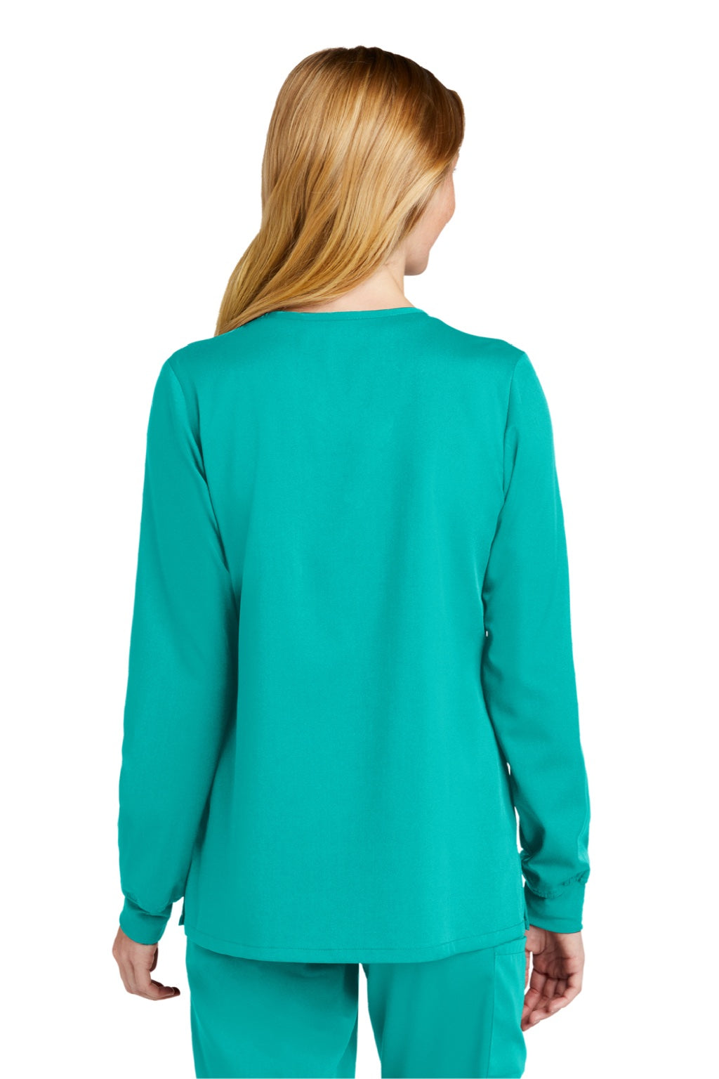 Wonderwink WW4088 Womens Premiere Flex Full Zip Scrub Jacket w/ Pockets Teal Blue Model Back