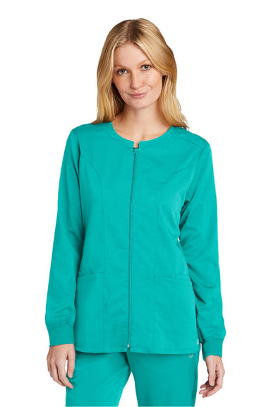 Wonderwink WW4088 Womens Premiere Flex Full Zip Scrub Jacket w/ Pockets Teal Blue Model Front